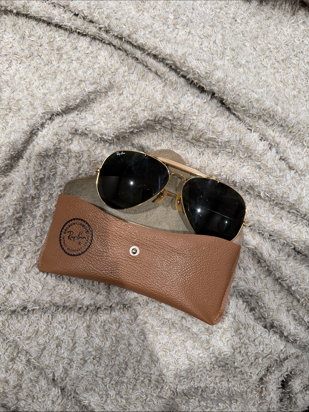 Ray-Ban Gold Frame Sunglasses with Black Lenses and Brown Case
